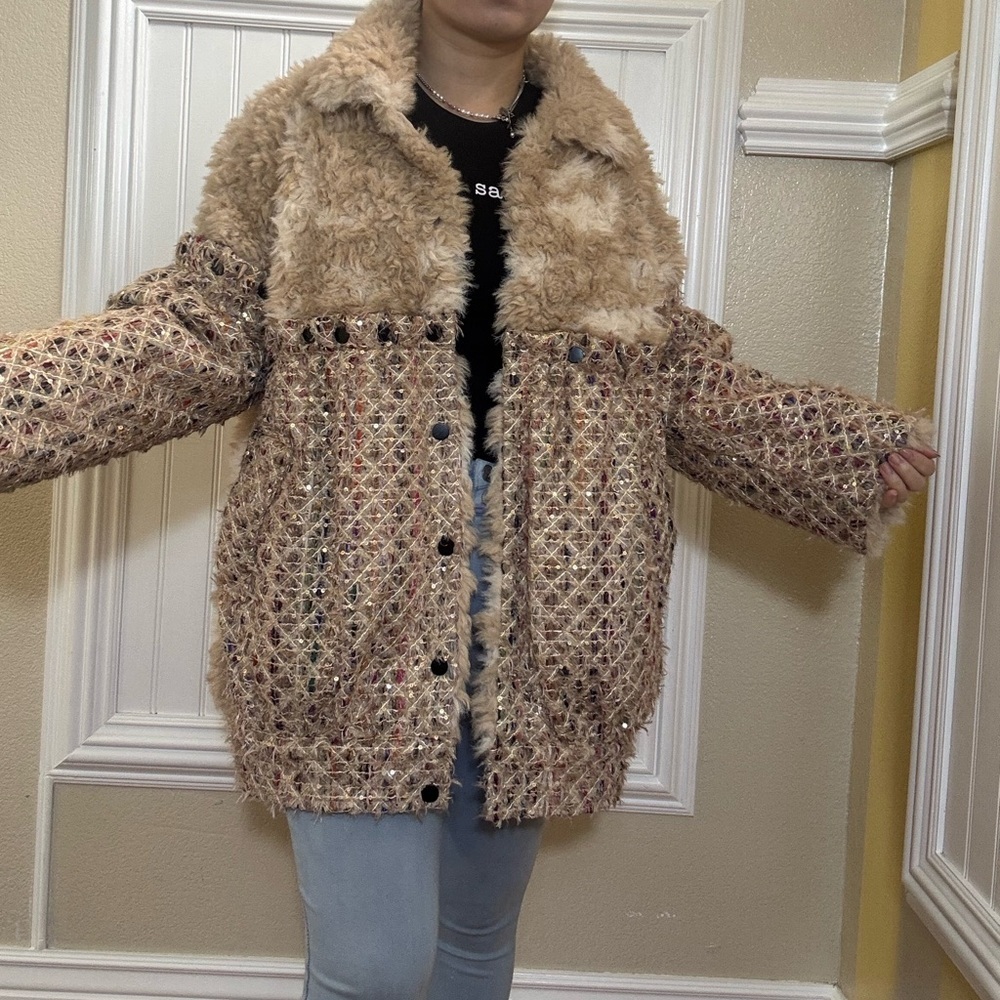 Women's Beige and Brown Textured Coat